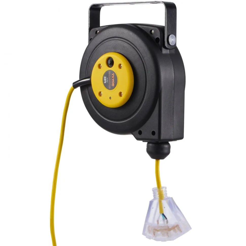 VEVOR Retractable Extension Cord Reel, 30 FT, Heavy Duty 16AWG/3C SJTOW Retractable Power Cord Reel with Lighted Triple Tap Outlet 10 Amp Circuit Breaker 4.5FT Lead-in Cord, for Ceiling or Wall Mount