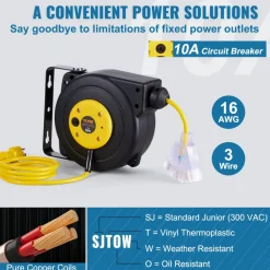 VEVOR Retractable Extension Cord Reel, 30 FT, Heavy Duty 16AWG/3C SJTOW Retractable Power Cord Reel with Lighted Triple Tap Outlet 10 Amp Circuit Breaker 4.5FT Lead-in Cord, for Ceiling or Wall Mount