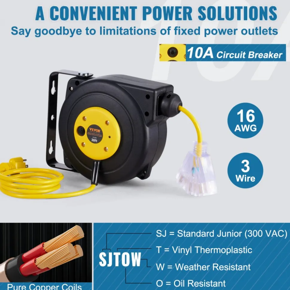 VEVOR Retractable Extension Cord Reel, 30 FT, Heavy Duty 16AWG/3C SJTOW Retractable Power Cord Reel with Lighted Triple Tap Outlet 10 Amp Circuit Breaker 4.5FT Lead-in Cord, for Ceiling or Wall Mount