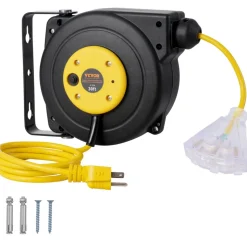 VEVOR Retractable Extension Cord Reel, 30 FT, Heavy Duty 16AWG/3C SJTOW Retractable Power Cord Reel with Lighted Triple Tap Outlet 10 Amp Circuit Breaker 4.5FT Lead-in Cord, for Ceiling or Wall Mount