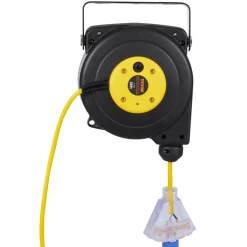 VEVOR Retractable Extension Cord Reel, 30 FT, Heavy Duty 16AWG/3C SJTOW Retractable Power Cord Reel with Lighted Triple Tap Outlet 10 Amp Circuit Breaker 4.5FT Lead-in Cord, for Ceiling or Wall Mount