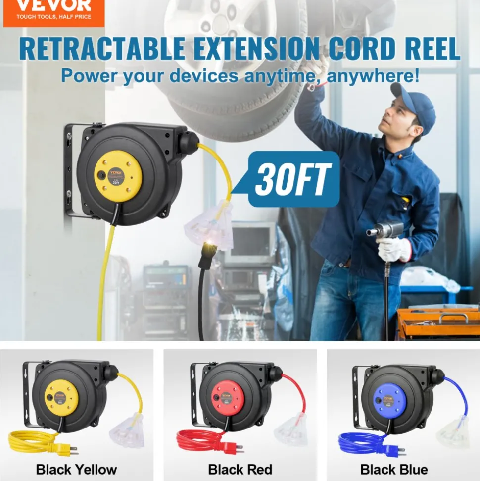 VEVOR Retractable Extension Cord Reel, 30 FT, Heavy Duty 16AWG/3C SJTOW Retractable Power Cord Reel with Lighted Triple Tap Outlet 10 Amp Circuit Breaker 4.5FT Lead-in Cord, for Ceiling or Wall Mount