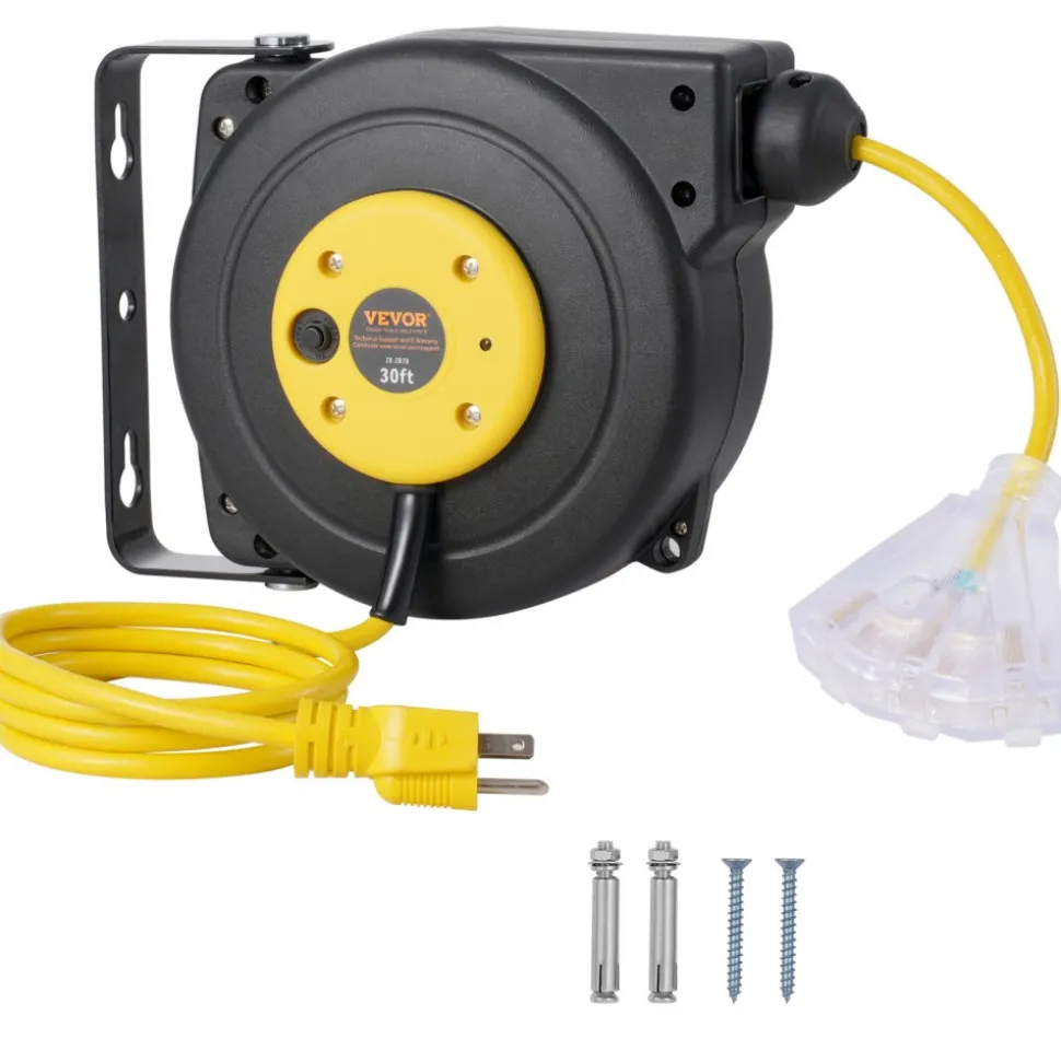 VEVOR Retractable Extension Cord Reel, 30 FT, Heavy Duty 16AWG/3C SJTOW Retractable Power Cord Reel with Lighted Triple Tap Outlet 10 Amp Circuit Breaker 4.5FT Lead-in Cord, for Ceiling or Wall Mount