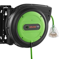 VEVOR Retractable Extension Cord Reel 75FT Heavy Duty 14AWG/3C SJTOW Green, for Ceiling/Wall Mount, 13A Circuit Breaker, Automatic Retractable Power Cord, Lighted Triple Tap, with 180° Swivel Bracket