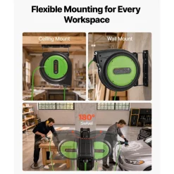 VEVOR Retractable Extension Cord Reel 75FT Heavy Duty 14AWG/3C SJTOW Green, for Ceiling/Wall Mount, 13A Circuit Breaker, Automatic Retractable Power Cord, Lighted Triple Tap, with 180° Swivel Bracket