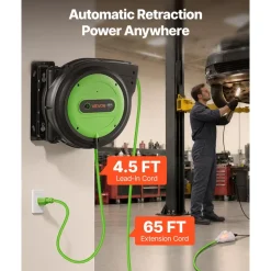 VEVOR Retractable Extension Cord Reel 65FT Heavy Duty 12AWG/3C SJTOW Green, for Ceiling/Wall Mount, 15A Circuit Breaker, Automatic Retractable Power Cord, Lighted Triple Tap, with 180° Swivel Bracket
