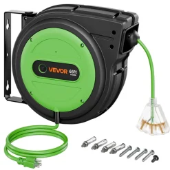 VEVOR Retractable Extension Cord Reel 65FT Heavy Duty 12AWG/3C SJTOW Green, for Ceiling/Wall Mount, 15A Circuit Breaker, Automatic Retractable Power Cord, Lighted Triple Tap, with 180° Swivel Bracket