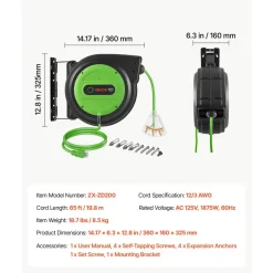 VEVOR Retractable Extension Cord Reel 65FT Heavy Duty 12AWG/3C SJTOW Green, for Ceiling/Wall Mount, 15A Circuit Breaker, Automatic Retractable Power Cord, Lighted Triple Tap, with 180° Swivel Bracket