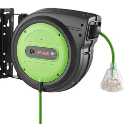 VEVOR Retractable Extension Cord Reel 65FT Heavy Duty 12AWG/3C SJTOW Green, for Ceiling/Wall Mount, 15A Circuit Breaker, Automatic Retractable Power Cord, Lighted Triple Tap, with 180° Swivel Bracket