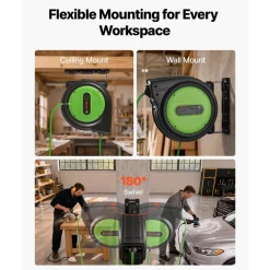 VEVOR Retractable Extension Cord Reel 65FT Heavy Duty 12AWG/3C SJTOW Green, for Ceiling/Wall Mount, 15A Circuit Breaker, Automatic Retractable Power Cord, Lighted Triple Tap, with 180° Swivel Bracket