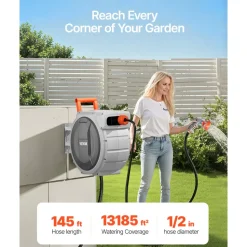 VEVOR Retractable Garden Hose Reel, 1/2 Inch x 145 ft Wall Mounted Hose Reel, Heavy Duty Garden Hose Reel with 9 Patterns Nozzle, Any Length Lock, Upgraded Slow Return System and 180°Swivel Bracket
