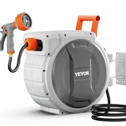 VEVOR Retractable Garden Hose Reel, 1/2 Inch x 145 ft Wall Mounted Hose Reel, Heavy Duty Garden Hose Reel with 9 Patterns Nozzle, Any Length Lock, Upgraded Slow Return System and 180°Swivel Bracket