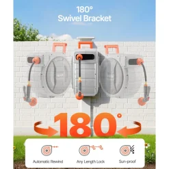 VEVOR Retractable Garden Hose Reel, 1/2 Inch x 145 ft Wall Mounted Hose Reel, Heavy Duty Garden Hose Reel with 9 Patterns Nozzle, Any Length Lock, Upgraded Slow Return System and 180°Swivel Bracket
