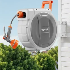VEVOR Retractable Garden Hose Reel, 1/2 Inch x 145 ft Wall Mounted Hose Reel, Heavy Duty Garden Hose Reel with 9 Patterns Nozzle, Any Length Lock, Upgraded Slow Return System and 180°Swivel Bracket