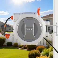 VEVOR Retractable Garden Hose Reel, 1/2 in x 130 ft, Wall Mounted Hose Reel with 9-Function Sprayer Nozzle and 180° Swivel Bracket, Any Length Lock, Automatic Slow Rewind System, for Garden Watering