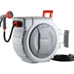 VEVOR Retractable Garden Hose Reel, 1/2 in x 130 ft, Wall Mounted Hose Reel with 9-Function Sprayer Nozzle and 180° Swivel Bracket, Any Length Lock, Automatic Slow Rewind System, for Garden Watering