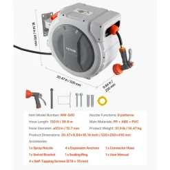 VEVOR Retractable Garden Hose Reel, 1/2 in x 130 ft, Wall Mounted Hose Reel with 9-Function Sprayer Nozzle and 180° Swivel Bracket, Any Length Lock, Automatic Slow Rewind System, for Garden Watering