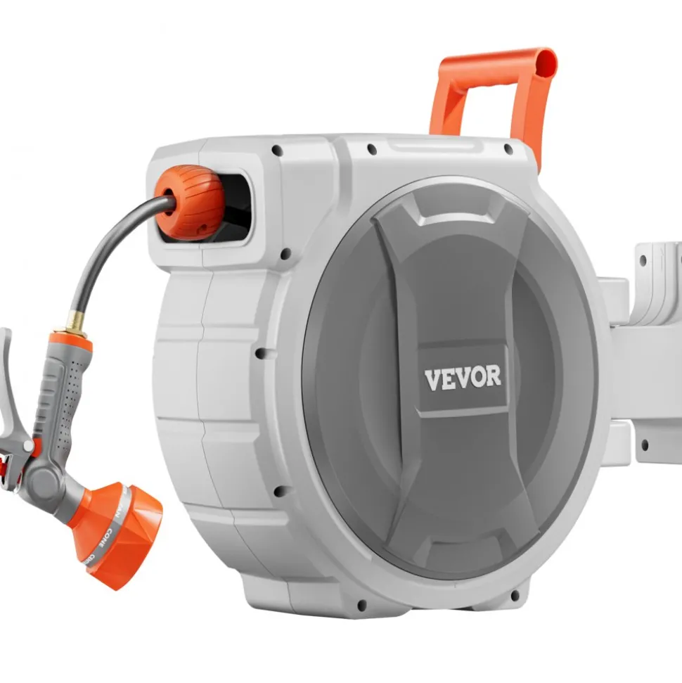 VEVOR Retractable Garden Hose Reel, 1/2 in x 100 ft, Wall Mounted Hose Reel with 9-Function Sprayer Nozzle and 180° Swivel Bracket, Any Length Lock, Automatic Slow Rewind System, for Garden Watering