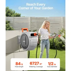 VEVOR Retractable Garden Hose Reel, 1/2 in x 100 ft, Wall Mounted Hose Reel with 9-Function Sprayer Nozzle and 180° Swivel Bracket, Any Length Lock, Automatic Slow Rewind System, for Garden Watering