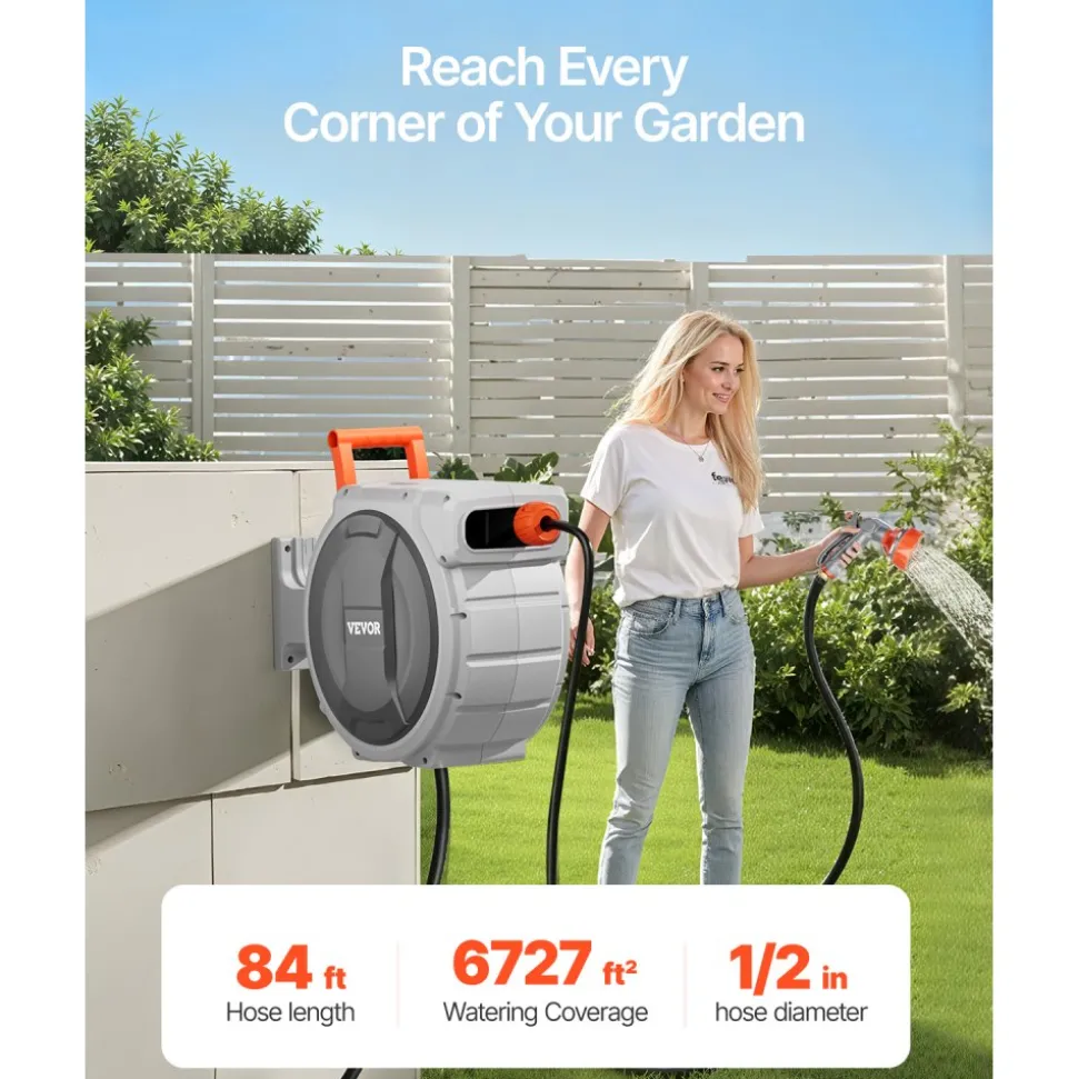 VEVOR Retractable Garden Hose Reel, 1/2 in x 100 ft, Wall Mounted Hose Reel with 9-Function Sprayer Nozzle and 180° Swivel Bracket, Any Length Lock, Automatic Slow Rewind System, for Garden Watering