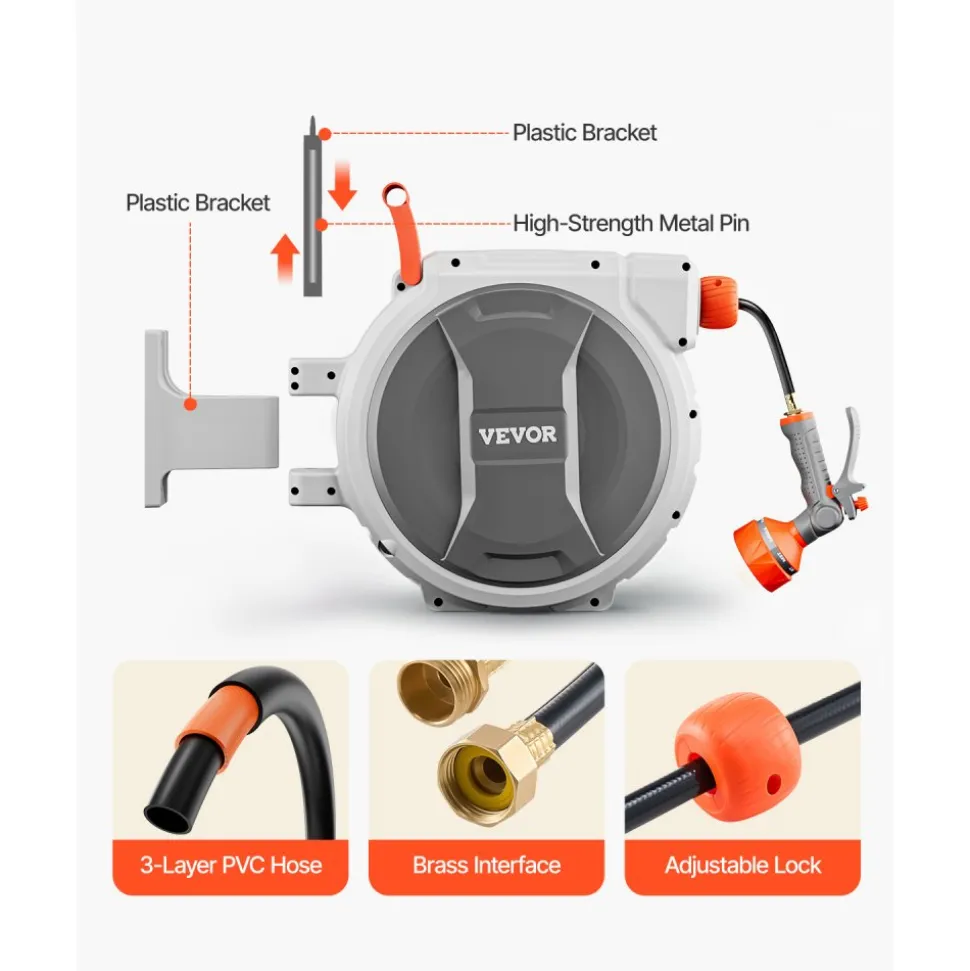 VEVOR Retractable Garden Hose Reel, 1/2 in x 100 ft, Wall Mounted Hose Reel with 9-Function Sprayer Nozzle and 180° Swivel Bracket, Any Length Lock, Automatic Slow Rewind System, for Garden Watering