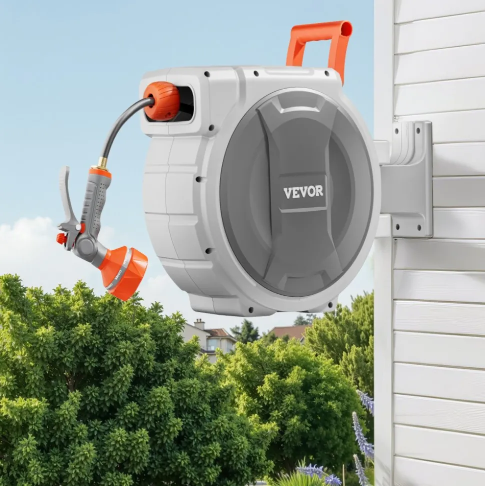VEVOR Retractable Garden Hose Reel, 1/2 in x 100 ft, Wall Mounted Hose Reel with 9-Function Sprayer Nozzle and 180° Swivel Bracket, Any Length Lock, Automatic Slow Rewind System, for Garden Watering
