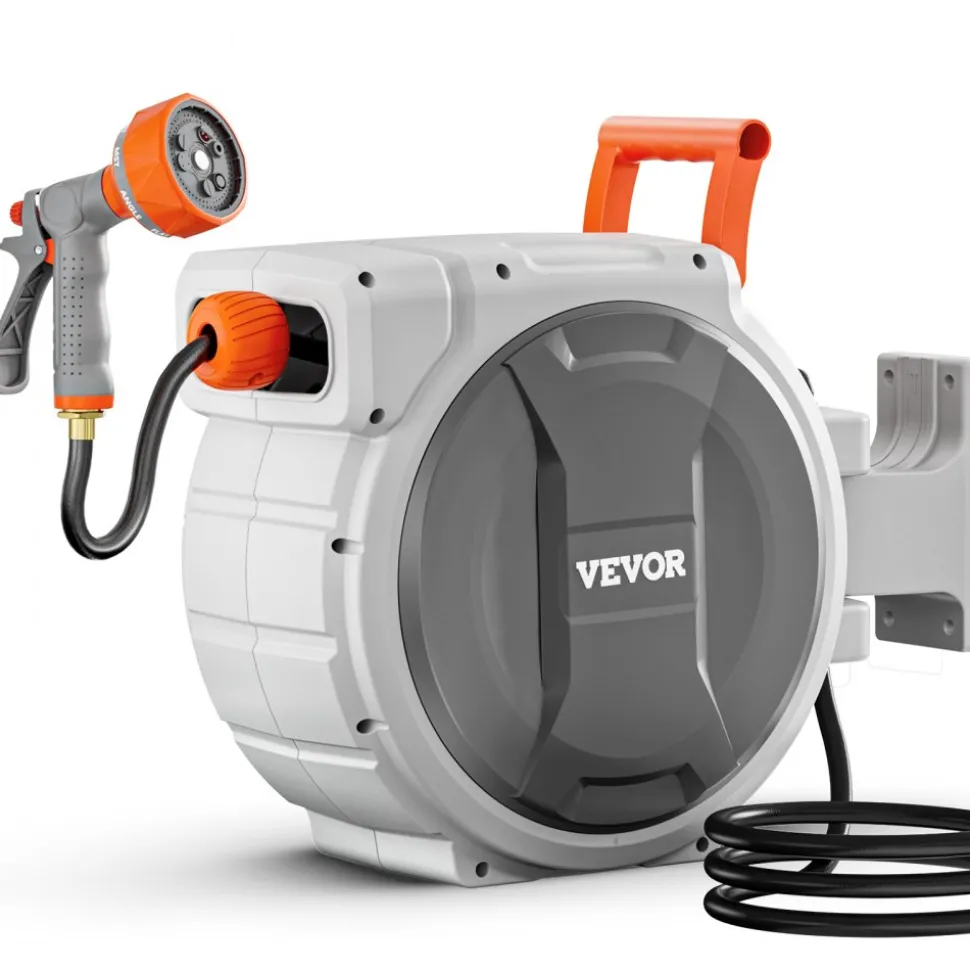 VEVOR Retractable Garden Hose Reel, 1/2 in x 100 ft, Wall Mounted Hose Reel with 9-Function Sprayer Nozzle and 180° Swivel Bracket, Any Length Lock, Automatic Slow Rewind System, for Garden Watering