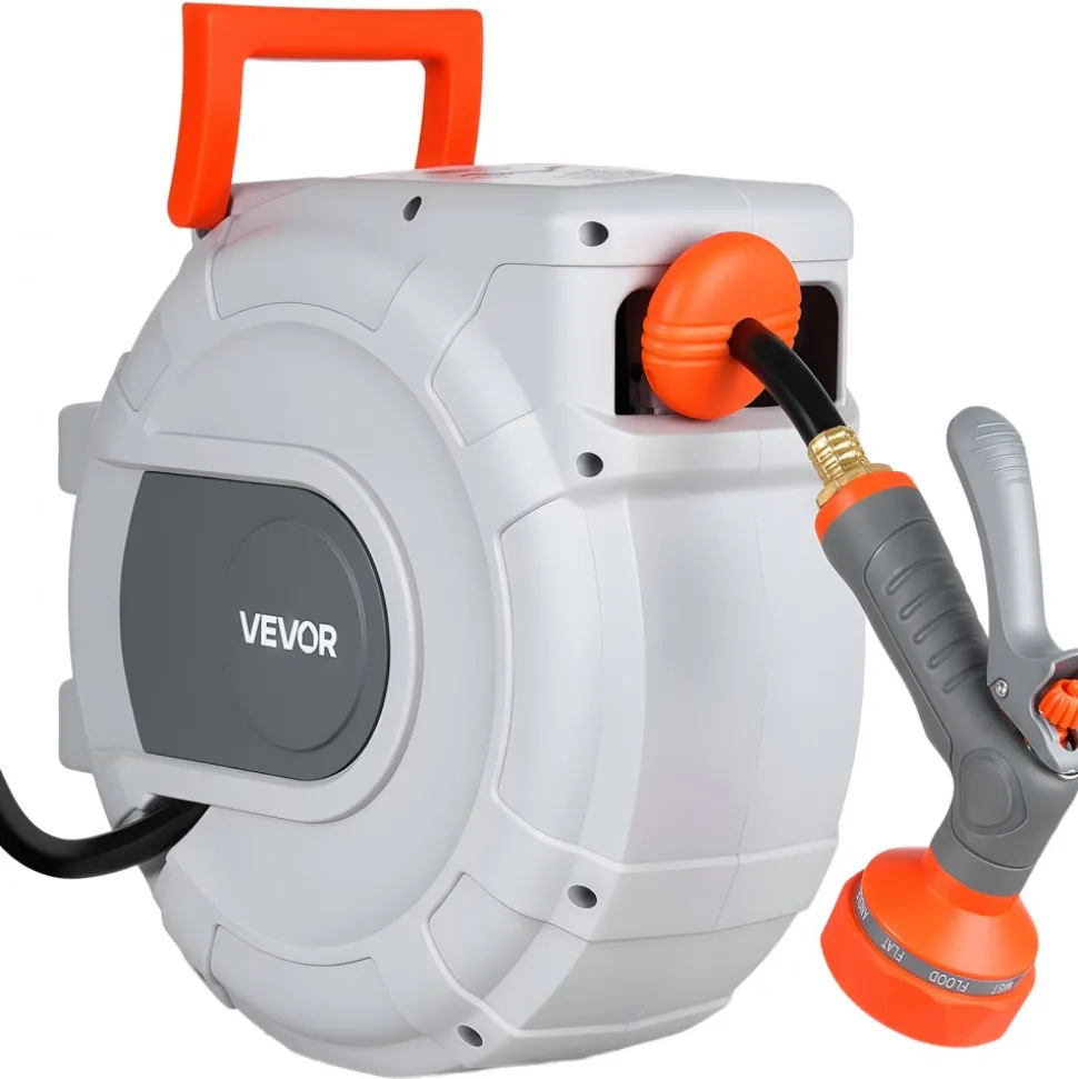 VEVOR Retractable Garden Hose Reel, 1/2 in x 50 ft, Wall Mounted Hose Reel with 9-Function Sprayer Nozzle and 180° Swivel Bracket, Any Length Lock, Automatic Slow Rewind System, for Garden Watering