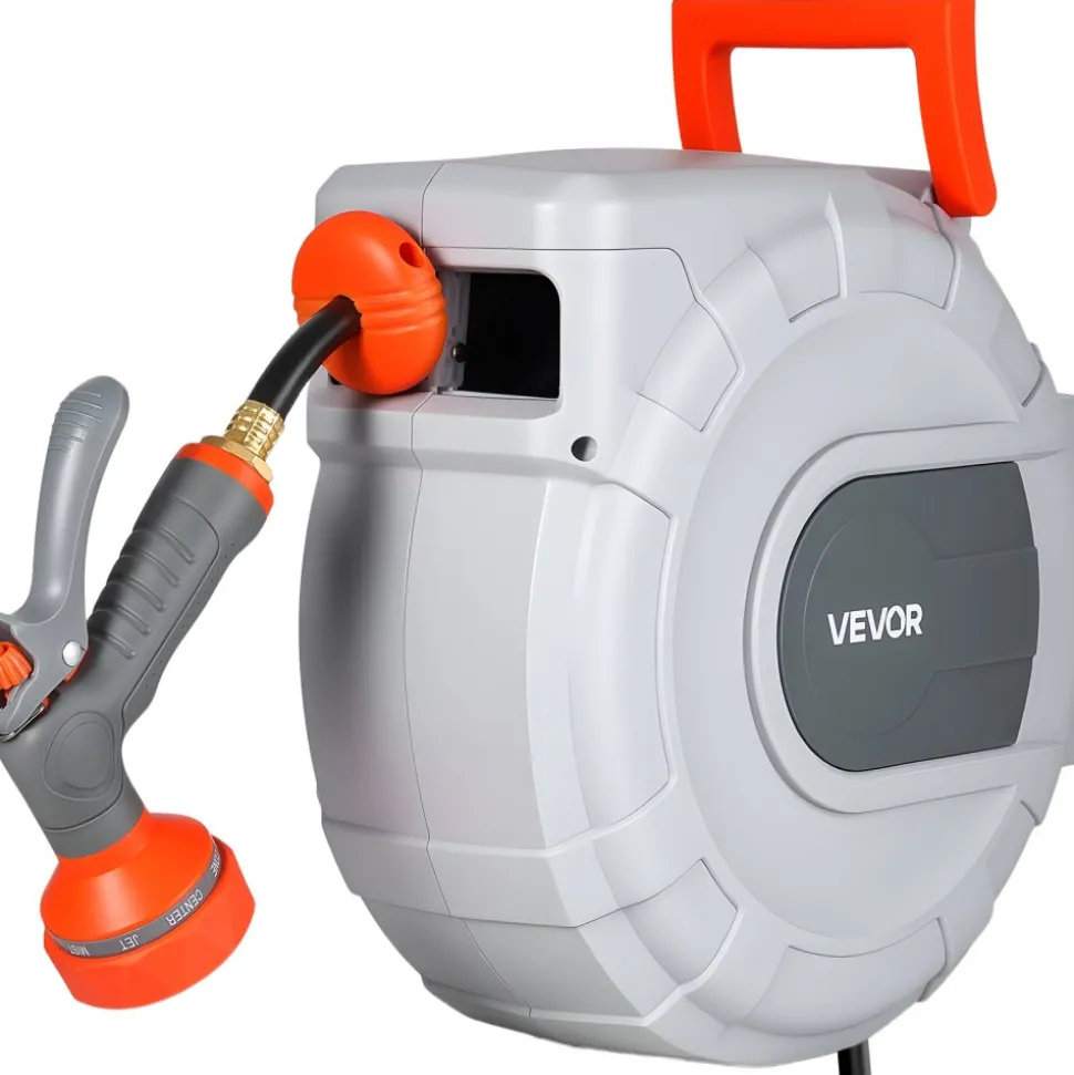 VEVOR Retractable Garden Hose Reel, 1/2 in x 50 ft, Wall Mounted Hose Reel with 9-Function Sprayer Nozzle and 180° Swivel Bracket, Any Length Lock, Automatic Slow Rewind System, for Garden Watering