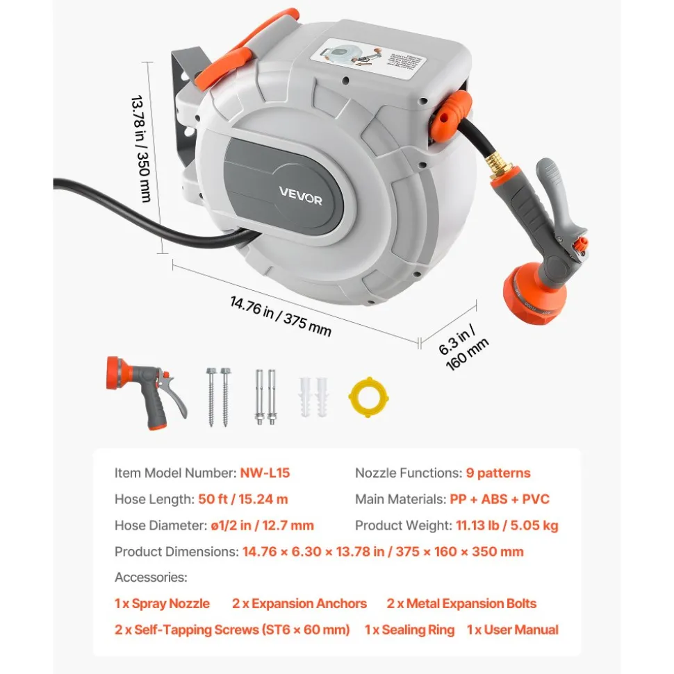 VEVOR Retractable Garden Hose Reel, 1/2 in x 50 ft, Wall Mounted Hose Reel with 9-Function Sprayer Nozzle and 180° Swivel Bracket, Any Length Lock, Automatic Slow Rewind System, for Garden Watering