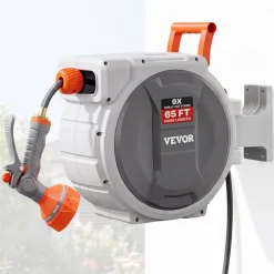 VEVOR Retractable Garden Hose Reel, 1/2 Inch x 65 ft Wall Mounted Hose Reel, Heavy Duty Garden Hose Reel with 9 Patterns Nozzle, Any Length Lock, Upgraded Slow Return System and 180°Swivel Bracket