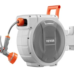 VEVOR Retractable Garden Hose Reel, 1/2 Inch x 65 ft Wall Mounted Hose Reel, Heavy Duty Garden Hose Reel with 9 Patterns Nozzle, Any Length Lock, Upgraded Slow Return System and 180°Swivel Bracket