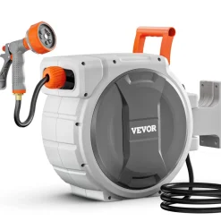 VEVOR Retractable Garden Hose Reel, 1/2 Inch x 65 ft Wall Mounted Hose Reel, Heavy Duty Garden Hose Reel with 9 Patterns Nozzle, Any Length Lock, Upgraded Slow Return System and 180°Swivel Bracket