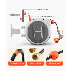 VEVOR Retractable Garden Hose Reel, 1/2 Inch x 65 ft Wall Mounted Hose Reel, Heavy Duty Garden Hose Reel with 9 Patterns Nozzle, Any Length Lock, Upgraded Slow Return System and 180°Swivel Bracket