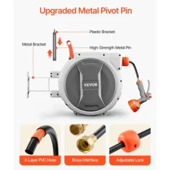 VEVOR Retractable Garden Hose Reel, 5/8 Inch x 100 ft Wall Mounted Hose Reel, Heavy Duty Garden Hose Reel with 9 Patterns Nozzle, Any Length Lock, Upgraded Slow Return System and 180°Swivel Bracket
