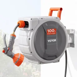 VEVOR Retractable Garden Hose Reel, 5/8 Inch x 100 ft Wall Mounted Hose Reel, Heavy Duty Garden Hose Reel with 9 Patterns Nozzle, Any Length Lock, Upgraded Slow Return System and 180°Swivel Bracket