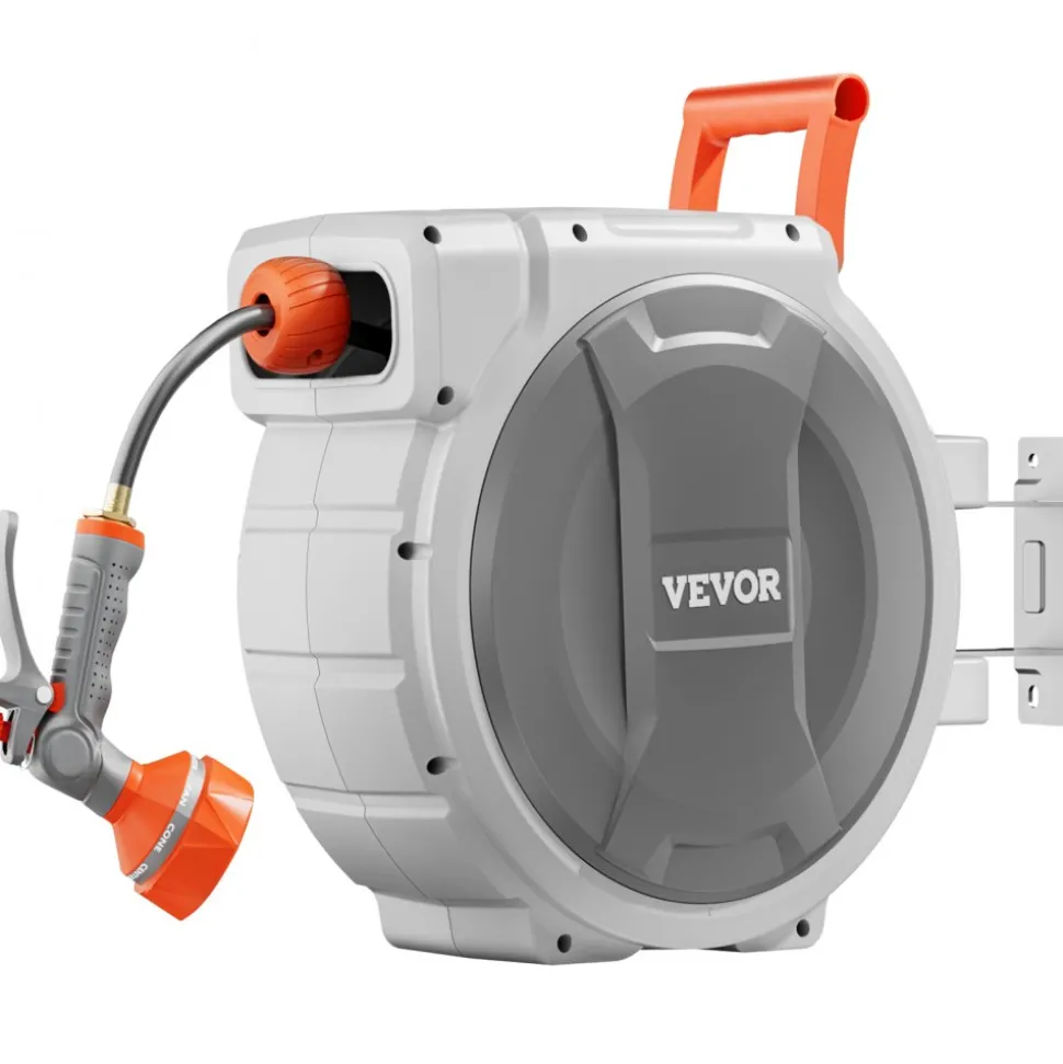 VEVOR Retractable Garden Hose Reel, 5/8 Inch x 100 ft Wall Mounted Hose Reel, Heavy Duty Garden Hose Reel with 9 Patterns Nozzle, Any Length Lock, Upgraded Slow Return System and 180°Swivel Bracket