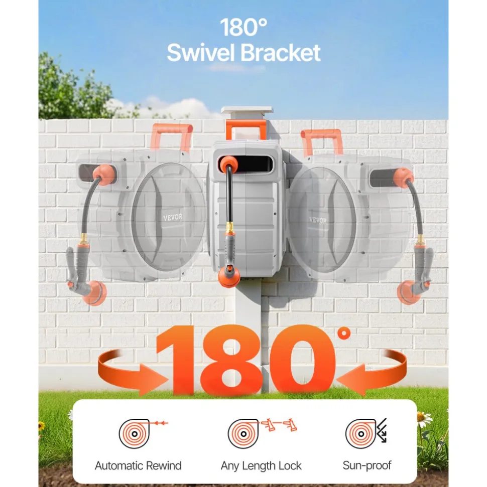 VEVOR Retractable Garden Hose Reel, 5/8 Inch x 100 ft Wall Mounted Hose Reel, Heavy Duty Garden Hose Reel with 9 Patterns Nozzle, Any Length Lock, Upgraded Slow Return System and 180°Swivel Bracket