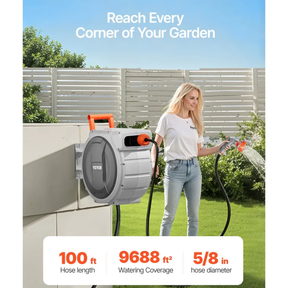 VEVOR Retractable Garden Hose Reel, 5/8 Inch x 100 ft Wall Mounted Hose Reel, Heavy Duty Garden Hose Reel with 9 Patterns Nozzle, Any Length Lock, Upgraded Slow Return System and 180°Swivel Bracket