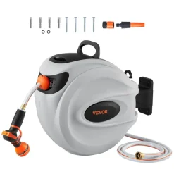 VEVOR Retractable Hose Reel, 130 ft x 1/2 inch, 180° Swivel Bracket Wall-Mounted, Garden Water Hose Reel with 9-Pattern Nozzle, Automatic Rewind, Lock at Any Length, and Slow Return System