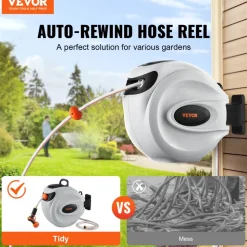 VEVOR Retractable Hose Reel, 130 ft x 1/2 inch, 180° Swivel Bracket Wall-Mounted, Garden Water Hose Reel with 9-Pattern Nozzle, Automatic Rewind, Lock at Any Length, and Slow Return System
