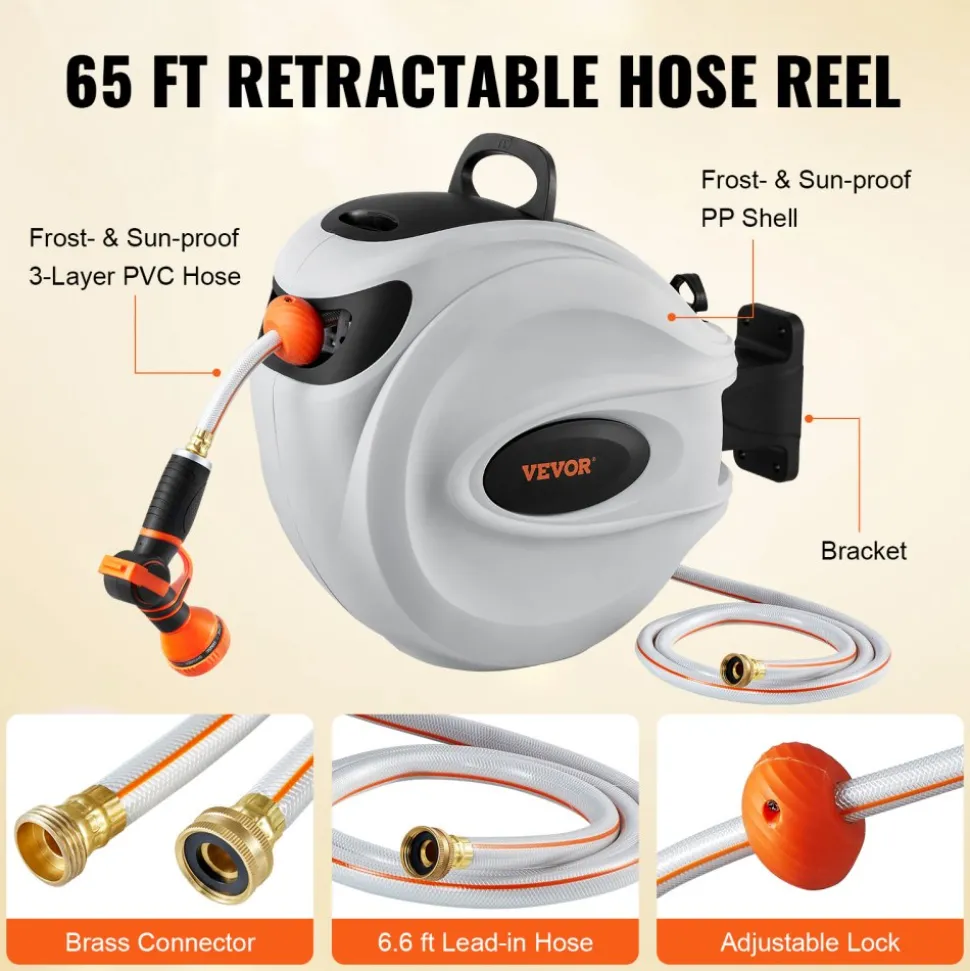 VEVOR Retractable Hose Reel, 130 ft x 1/2 inch, 180° Swivel Bracket Wall-Mounted, Garden Water Hose Reel with 9-Pattern Nozzle, Automatic Rewind, Lock at Any Length, and Slow Return System