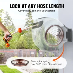 VEVOR Retractable Hose Reel, 130 ft x 1/2 inch, 180° Swivel Bracket Wall-Mounted, Garden Water Hose Reel with 9-Pattern Nozzle, Automatic Rewind, Lock at Any Length, and Slow Return System