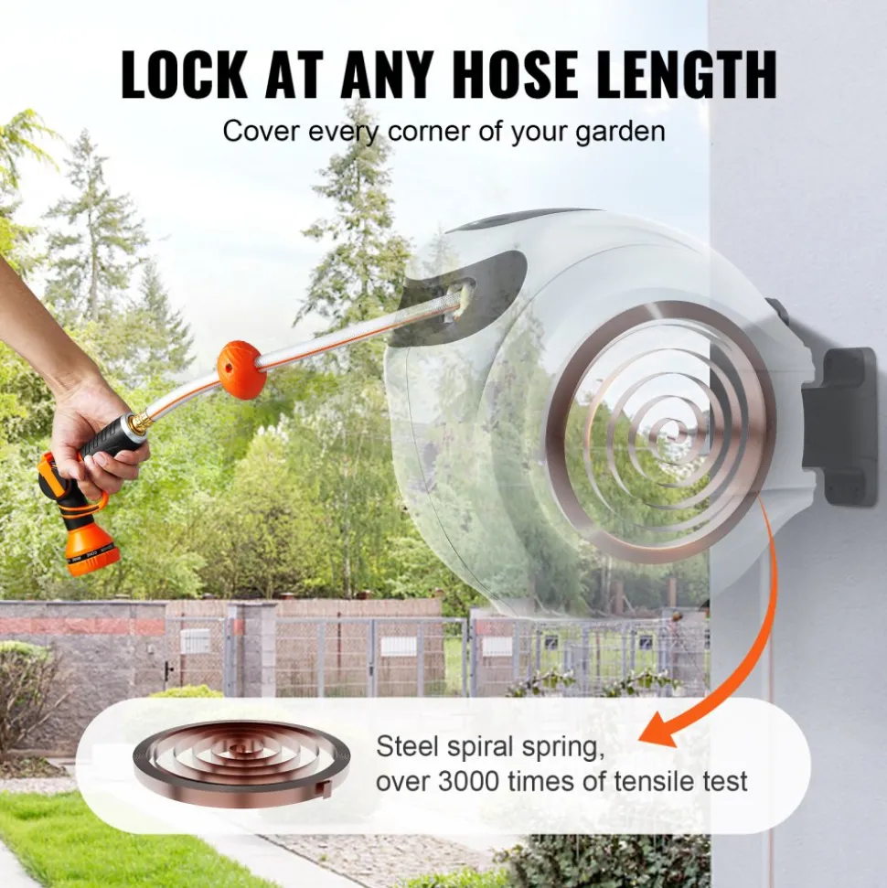 VEVOR Retractable Hose Reel, 130 ft x 1/2 inch, 180° Swivel Bracket Wall-Mounted, Garden Water Hose Reel with 9-Pattern Nozzle, Automatic Rewind, Lock at Any Length, and Slow Return System