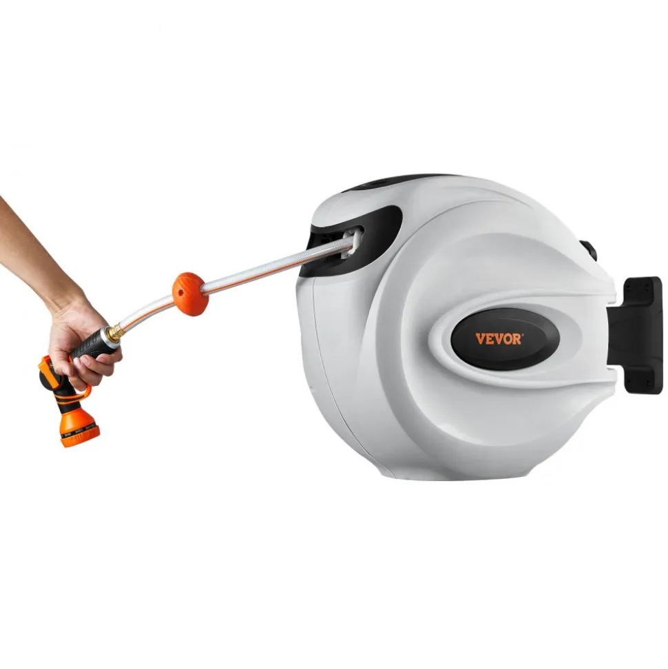 VEVOR Retractable Hose Reel, 130 ft x 1/2 inch, 180° Swivel Bracket Wall-Mounted, Garden Water Hose Reel with 9-Pattern Nozzle, Automatic Rewind, Lock at Any Length, and Slow Return System