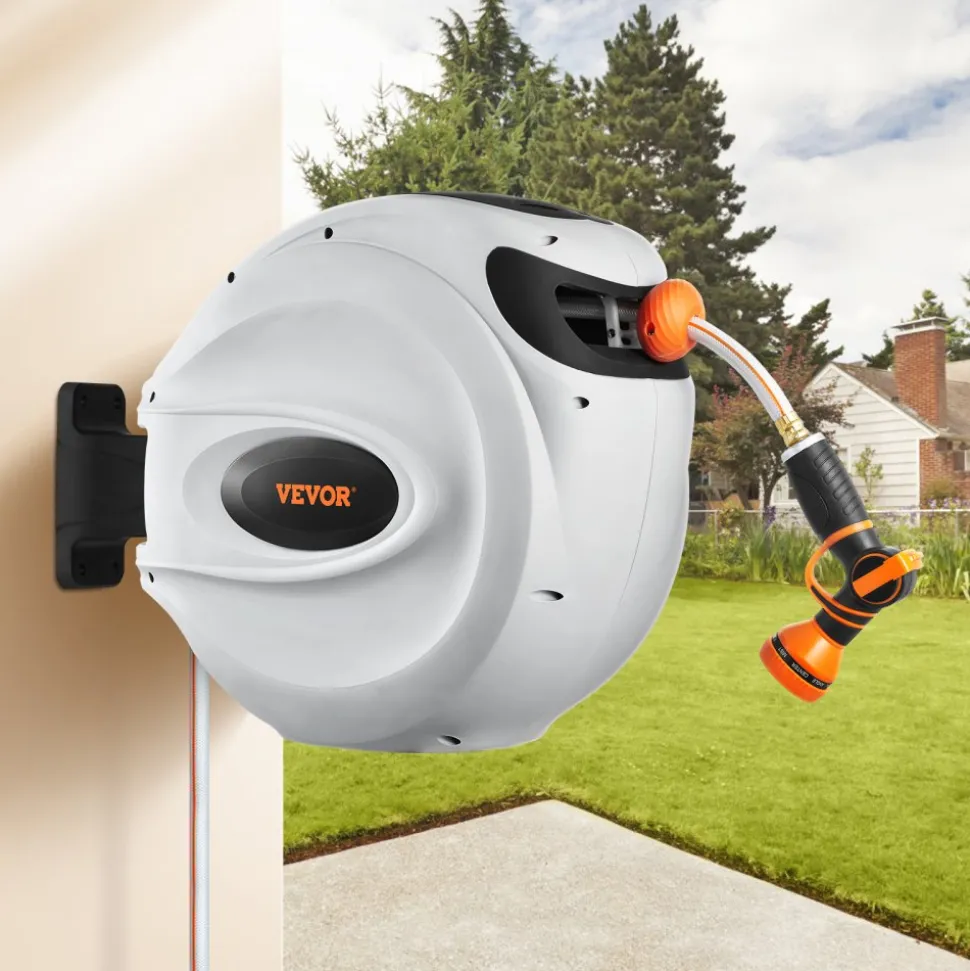 VEVOR Retractable Hose Reel, 130 ft x 1/2 inch, 180° Swivel Bracket Wall-Mounted, Garden Water Hose Reel with 9-Pattern Nozzle, Automatic Rewind, Lock at Any Length, and Slow Return System