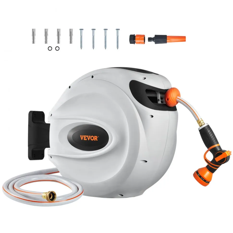 VEVOR Retractable Hose Reel, 130 ft x 1/2 inch, 180° Swivel Bracket Wall-Mounted, Garden Water Hose Reel with 9-Pattern Nozzle, Automatic Rewind, Lock at Any Length, and Slow Return System