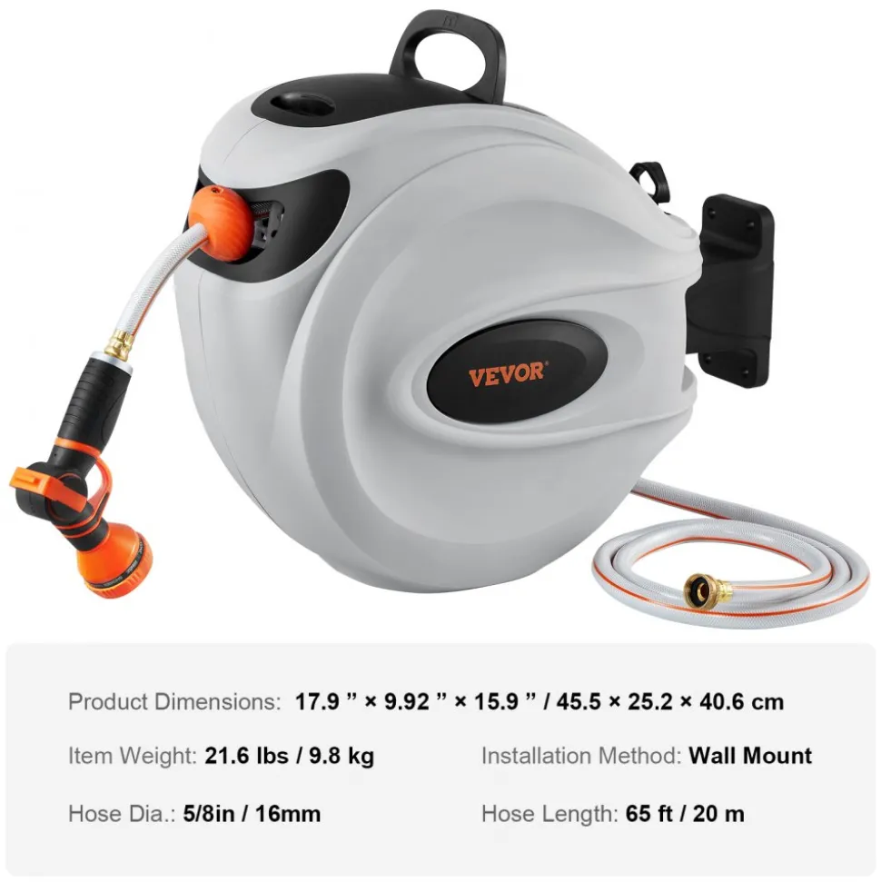 VEVOR Retractable Hose Reel, 130 ft x 1/2 inch, 180° Swivel Bracket Wall-Mounted, Garden Water Hose Reel with 9-Pattern Nozzle, Automatic Rewind, Lock at Any Length, and Slow Return System