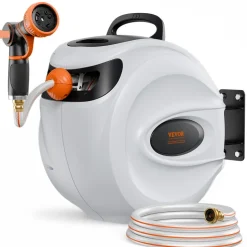 VEVOR Retractable Hose Reel, 115 ft x 1/2 inch, 180° Swivel Bracket Wall-Mounted, Garden Water Hose Reel with 9-Pattern Nozzle, Automatic Rewind, Lock at Any Length, and Slow Return System