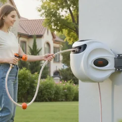 VEVOR Retractable Hose Reel, 115 ft x 1/2 inch, 180° Swivel Bracket Wall-Mounted, Garden Water Hose Reel with 9-Pattern Nozzle, Automatic Rewind, Lock at Any Length, and Slow Return System